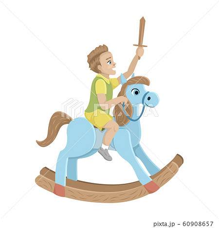 Child boy riding a wooden horse. Sways and rides with a wood sword in his hand 60908657