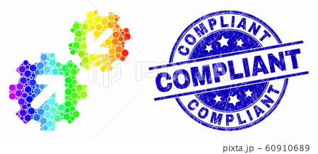 Vector Rainbow Colored Dotted Integration Gears Icon and Scratched Compliant Seal 60910689