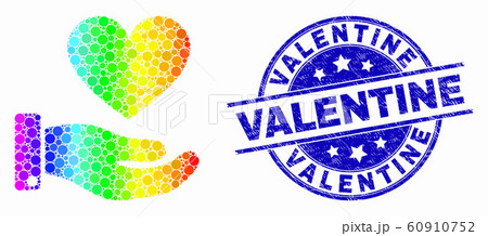 Vector Spectral Pixel Heart Donation Hand Icon and Scratched Valentine Stamp Seal Vector Spectral Pixel Heart Donation Hand Icon and Scratched Valentine Stamp Seal 60910752
