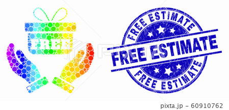 Vector Rainbow Colored Dotted Hands Give Gift Icon and Grunge Free Estimate Stamp Seal 60910762