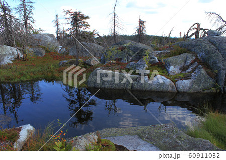 Swamp or lake and megalithic seid boulder stones, Swamp or lake and megalithic seid boulder stones, 60911032