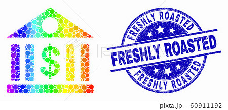 Vector Bright Pixelated Dollar Bank Icon and Grunge Freshly Roasted Stamp Seal Vector Bright Pixelated Dollar Bank Icon and Grunge Freshly Roasted Stamp Seal 60911192