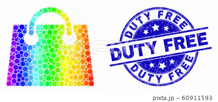 Vector Rainbow Colored Pixelated Airport Shopping Bag Icon and Scratched Duty Free Stamp Seal 60911593