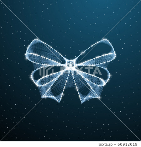 Bow ribbon low poly sign on blue sky background. Polygonal ribbon with dots, lines and strars. Vector illustration 60912019