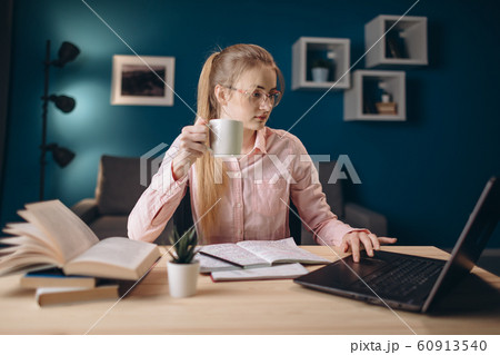 Young Female Ginger Student Having Coffee Using Laptop 60913540