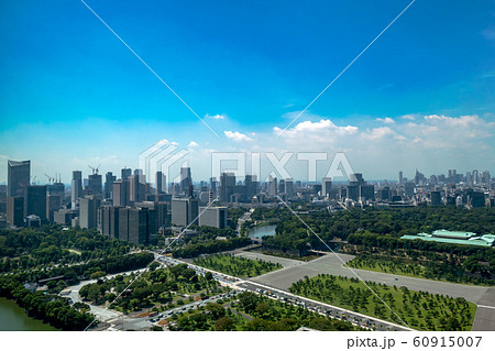 【空撮】中央に国会議事堂、皇居宮殿と霞が関ビル群 60915007