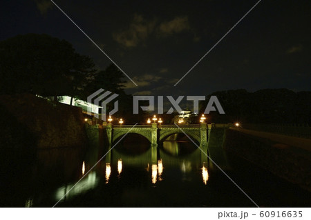 皇居ライトアップ 二重橋と正門に伏見櫓 皇居ライトアップ 二重橋と正門に伏見櫓 60916635