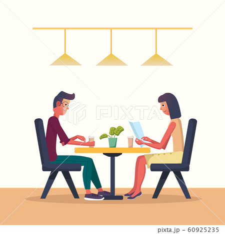 Young man and woman in a cafe and drinks coffee. Vector illustration with the interior of a cafe, restaraunt. Cartoon flat style Young man and woman in a cafe and drinks coffee. Vector illustration with the interior of a cafe, restaraunt. Cartoon flat style 60925235