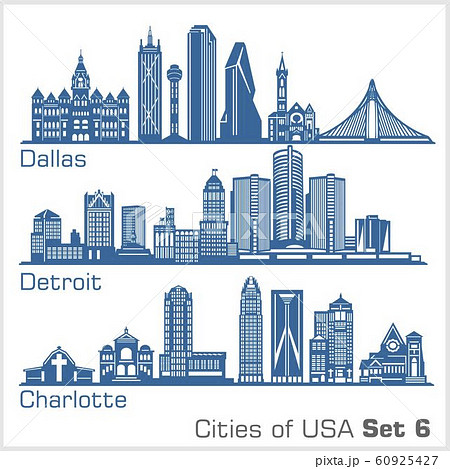 Cities of USA - Dallas, Detroit, Charlotte. Detailed architecture. Trendy vector illustration. Cities of USA - Dallas, Detroit, Charlotte. Detailed architecture. Trendy vector illustration. 60925427