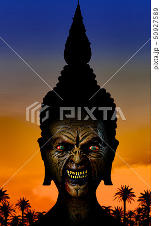 The spooky face with terrible grimace in helmet. 60927589