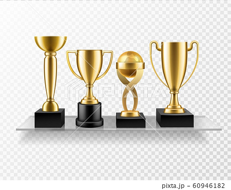 Trophy on shelf. Realistic golden cup awards on glass shelves. Championship and business achievement metallic shiny prize vector concept 60946182