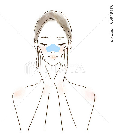 鼻パック　毛穴ケアをする女性　美容　バスタイム　水彩風　手描きイラスト 60949486