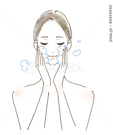 洗顔 泡立てる クレンジング 化粧を落とす女性 美容 水彩風のイラストのイラスト素材