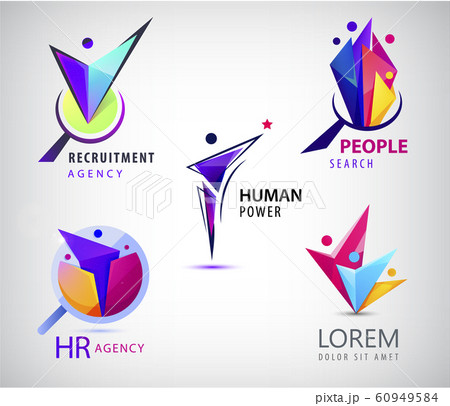Vector set of human, faceted people logo. Hr search, recruitment logos. Origami people, 3, 4,1 person inside the magnifier, job search 60949584