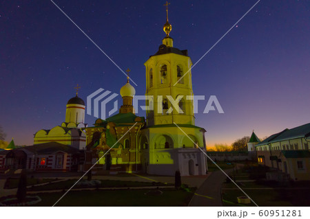 Ancient russian monastery at night. St.Nicholas monastery on Peshnosha river. Ancient russian monastery at night. St.Nicholas monastery on Peshnosha river. 60951281