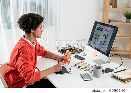 Young designer with color palette looking at logo on computer screen 60961404