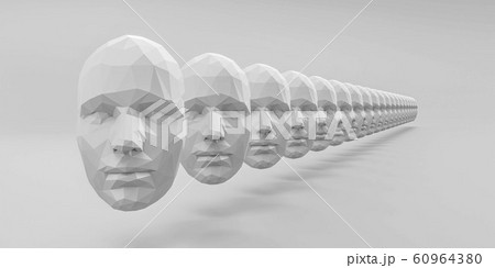 line array of white creative male or female faces concept polygon surface mesh in 3 different angles 3d illustration render line array of white creative male or female faces concept polygon surface mesh in 3 different angles 3d illustration render 60964380