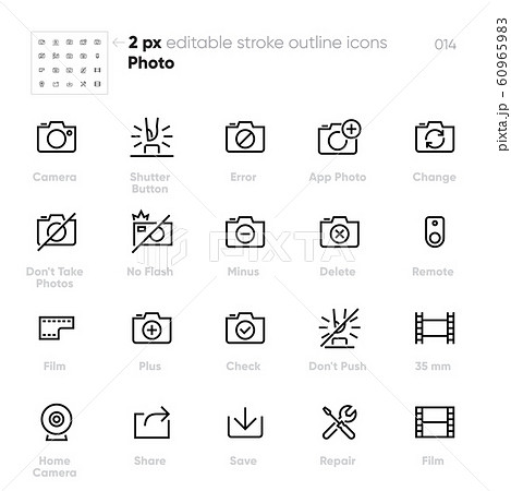Photo Camera outline vector icons. Flash, Film, Don't Take Photos 60965983