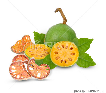 Aegle marmelos and Dry bael fruit on white 60969482