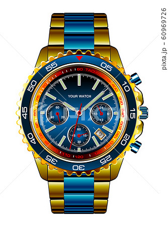 Realistic wristwatch chronograph gold blue metallic design for men luxury on white background vector illustration. Realistic wristwatch chronograph gold blue metallic design for men luxury on white background vector illustration. 60969726
