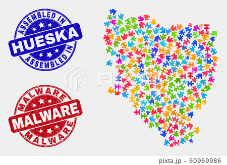 Puzzle Hueska Province Map and Grunge Assembled and Malware Stamp Seals 60969986