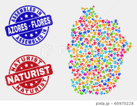 Puzzle Flores Island of Azores Map and Scratched Assembled and Naturist Seals 60970228