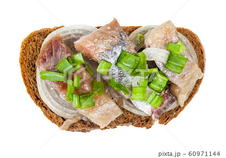 top view of open sandwich with herring and onion top view of open sandwich with herring and onion 60971144