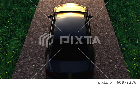 3D rendering car moves on asphalt road with green grass. Computer generated modern realistic background 60973276
