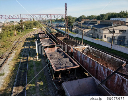 Railway. Freight wagons carrying different loads. 60973975