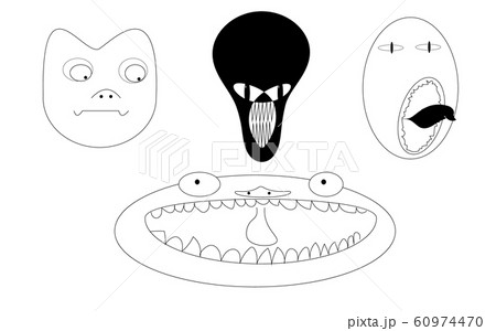 A set of 4 faces of black and white monsters  60974470