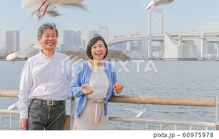 お台場 カモメと夫婦 レインボーブリッジ オリンピック会場の写真素材