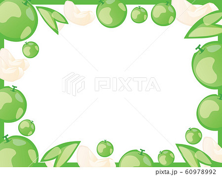 丸ごとやカットされた青リンゴのフレームイラストのイラスト素材