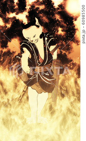 浮世絵 猫の擬人化 その6 炎バージョンのイラスト素材