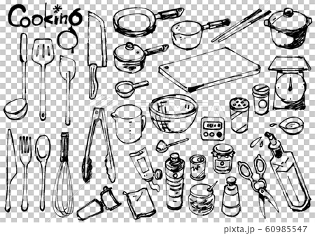 イラスト素材 シンプル 手描きライン画 調理器具 セットのイラスト素材