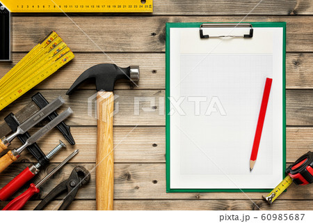 Work tools for carpenter and notepads. Carpentry. 60985687