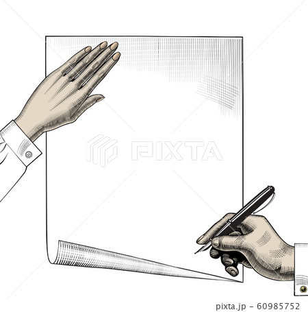 Hand with a pen. Retro design element. 60985752