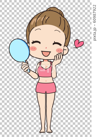 鏡を持つ女性の正面イラスト 全身図のイラスト素材