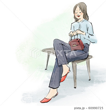 ベンチに座るパンツスタイルのおしゃれな女性のイラスト素材
