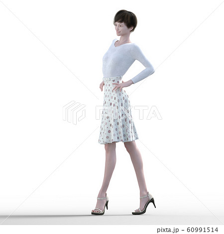 白っぽい衣装の女性　ファッション　perming3DCGイラスト素材 60991514