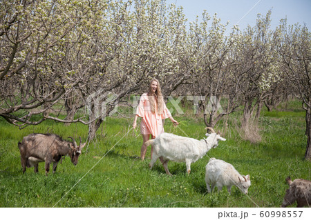 Beautiful blonde woman with animals on the farm 60998557