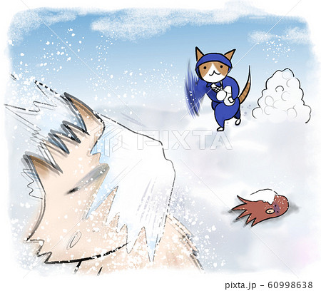 ゆきがっせんで早い雪玉を投げて狙う忍者姿のねこさん イヌ ネコふれあい のイラスト素材