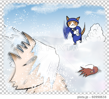 ゆきがっせんで早い雪玉を投げて狙う忍者姿のねこさん イヌ ネコふれあい のイラスト素材