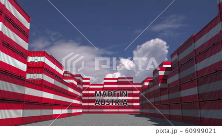 Many cargo containers with MADE IN AUSTRIA text and national flags. Austrian import or export related 3D rendering Many cargo containers with MADE IN AUSTRIA text and national flags. Austrian import or export related 3D rendering 60999021