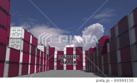 Many cargo containers with MADE IN QATAR text and national flags. Qatari import or export related 3D rendering Many cargo containers with MADE IN QATAR text and national flags. Qatari import or export related 3D rendering 60999150
