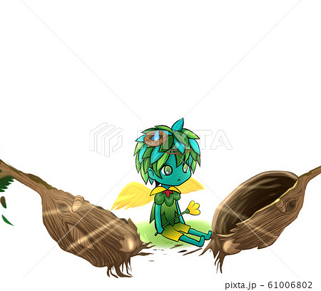 割れた大木の中から誕生した木の精霊さん 絵本 ファンタジー 挿絵 葉の洋服 鳥の巣 のイラスト素材