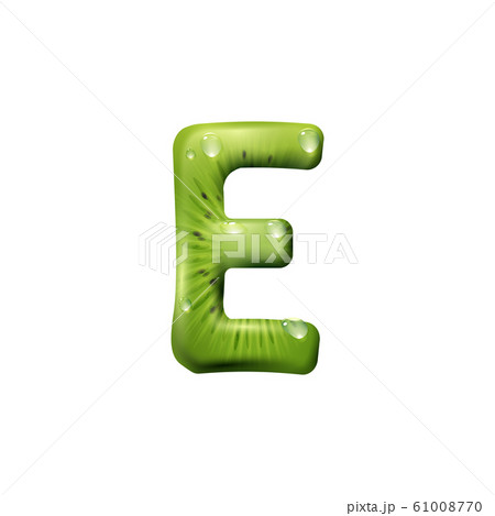 Letter E isolated green kiwi font with water drops Letter E isolated green kiwi font with water drops 61008770