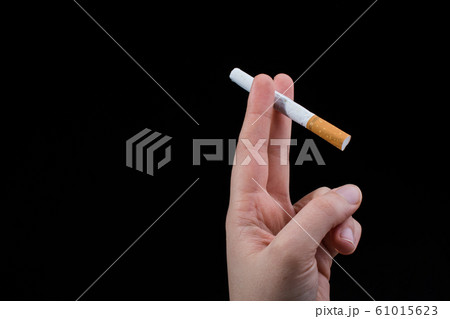 Hand is holding a cigarette on black background Hand is holding a cigarette on black background 61015623