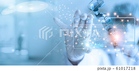 Doctor and medical assistant robot analysis and testing result of DNA on modern virtual interface, science and technology, innovative and future of medical healthcare in laboratory background. 61017218