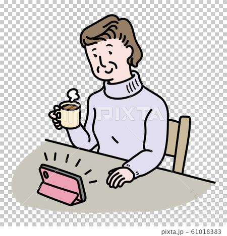 コーヒーを飲みながらスマホを見る女性のイラスト素材 6101