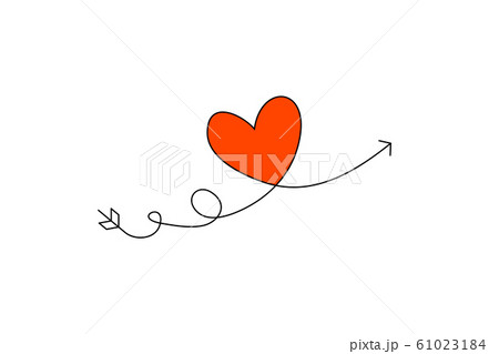 Cupid s arrow in the continuous drawing of lines in the form of a heart and the text love in a flat style. Continuous black line. Work flat design. Symbol of love and tenderness. 61023184